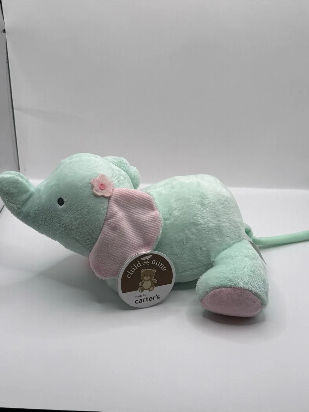 Child of Mine By Carters Green and Pink Plush Elephant Crib Toy Stuffed Animal